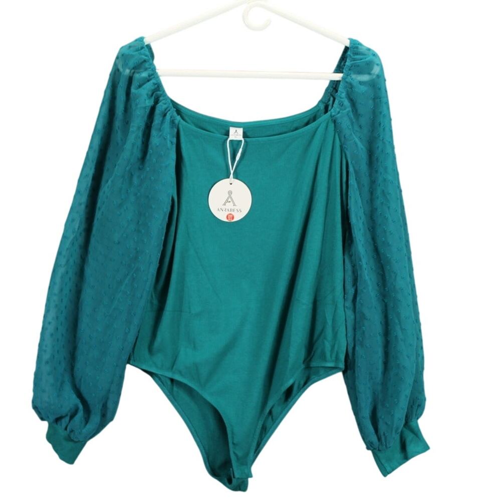 Anrabess Body Suit Womens Extra Large Teal Blue Sheer Peasant Sleeve Ribbed